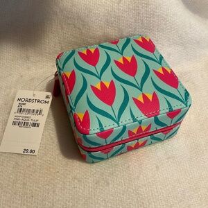 NWT Nordstrom Travel Jewelry Case Square Box Pink Aqua Tulip Pattern